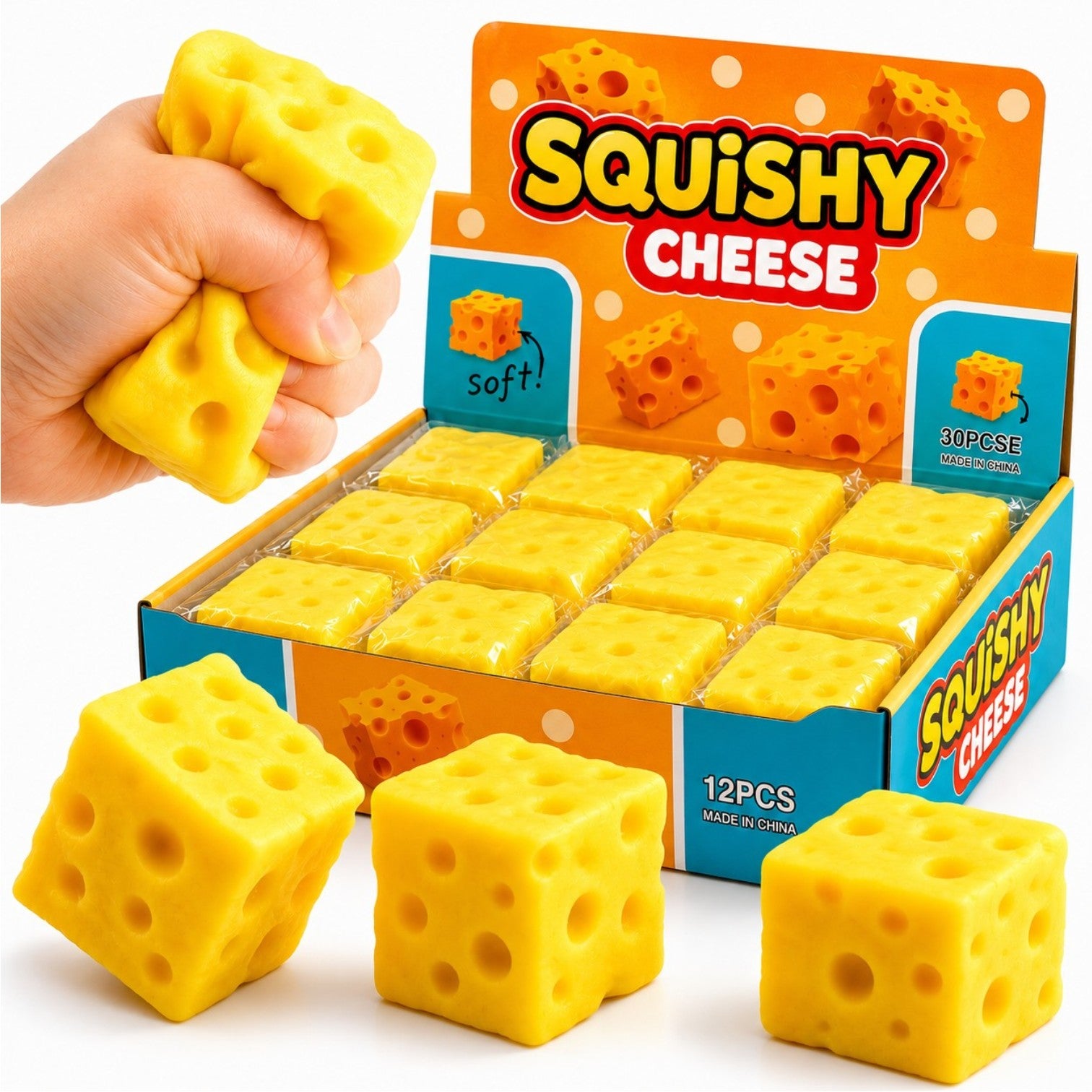 Jucărie Squishy Cheese Cube 12/set, Anti-Stres 6.5x6.5cm, Slow Rising, Model Branza Engros