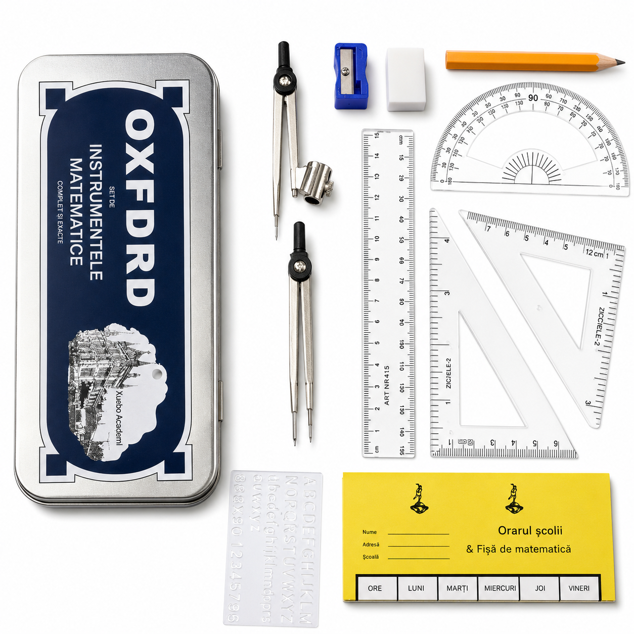 Trusa de Geometrie 10/Set, din Metal, cu 11 Instrumente Engros