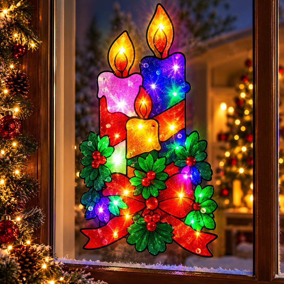 Instalatie LED 42x23cm Decoratiune de Geam Lumanari cu Lumina LED Multicolora, Model 3D, Alimentare la Priza pentru Craciun Engros
