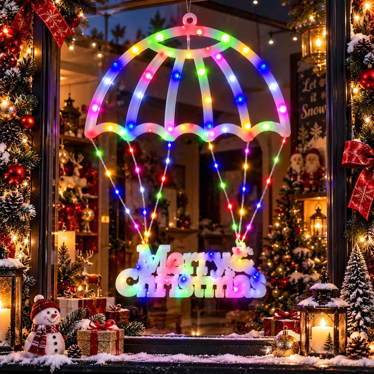 Instalatie Decorativa LED Umbrela Merry Christmas 69x50cm, Lumina Multicolora, Jocuri de Lumini si Flash, Decoratiune de Craciun Engros