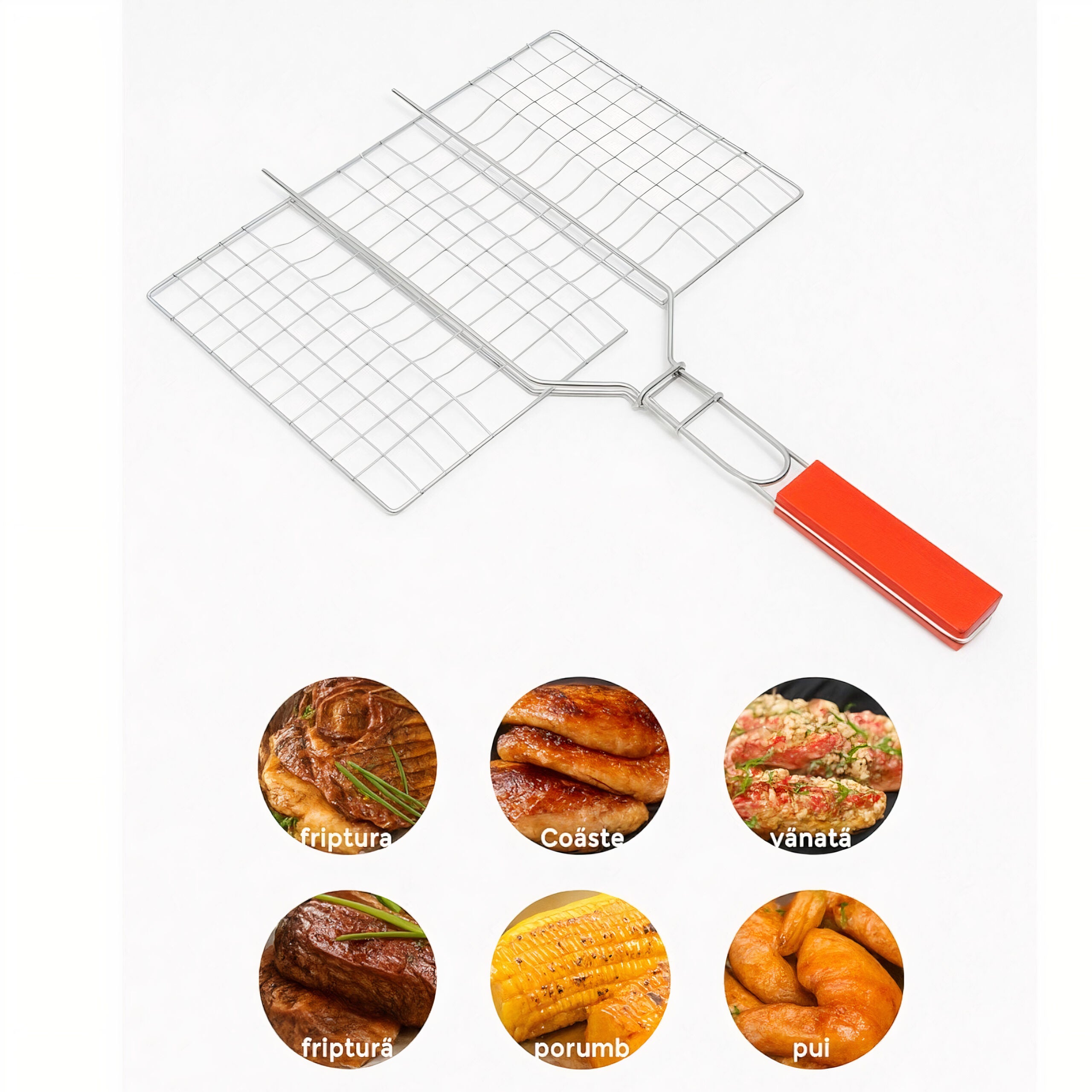 Grill Pliabil pentru Gratar 35x25cm, cu Maner din Lemn 25cm Engros