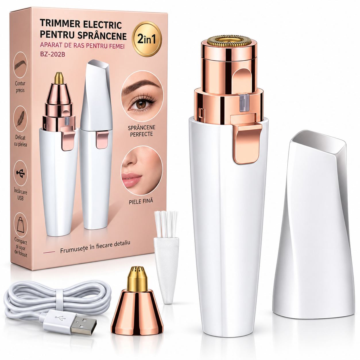 Aparat Electric 2 in 1 pentru Sprancene si Epilare Faciala 13.5cm, cu Lumina LED, 2 Capete, Reincarcabil USB Engros