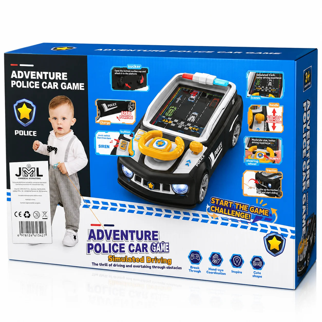 Simulator Auto Interactiv 39.3x24x13.9cm, Masina Interactiva de Politie cu Volan, Lumini si Sunete, Diferite Culori Engros