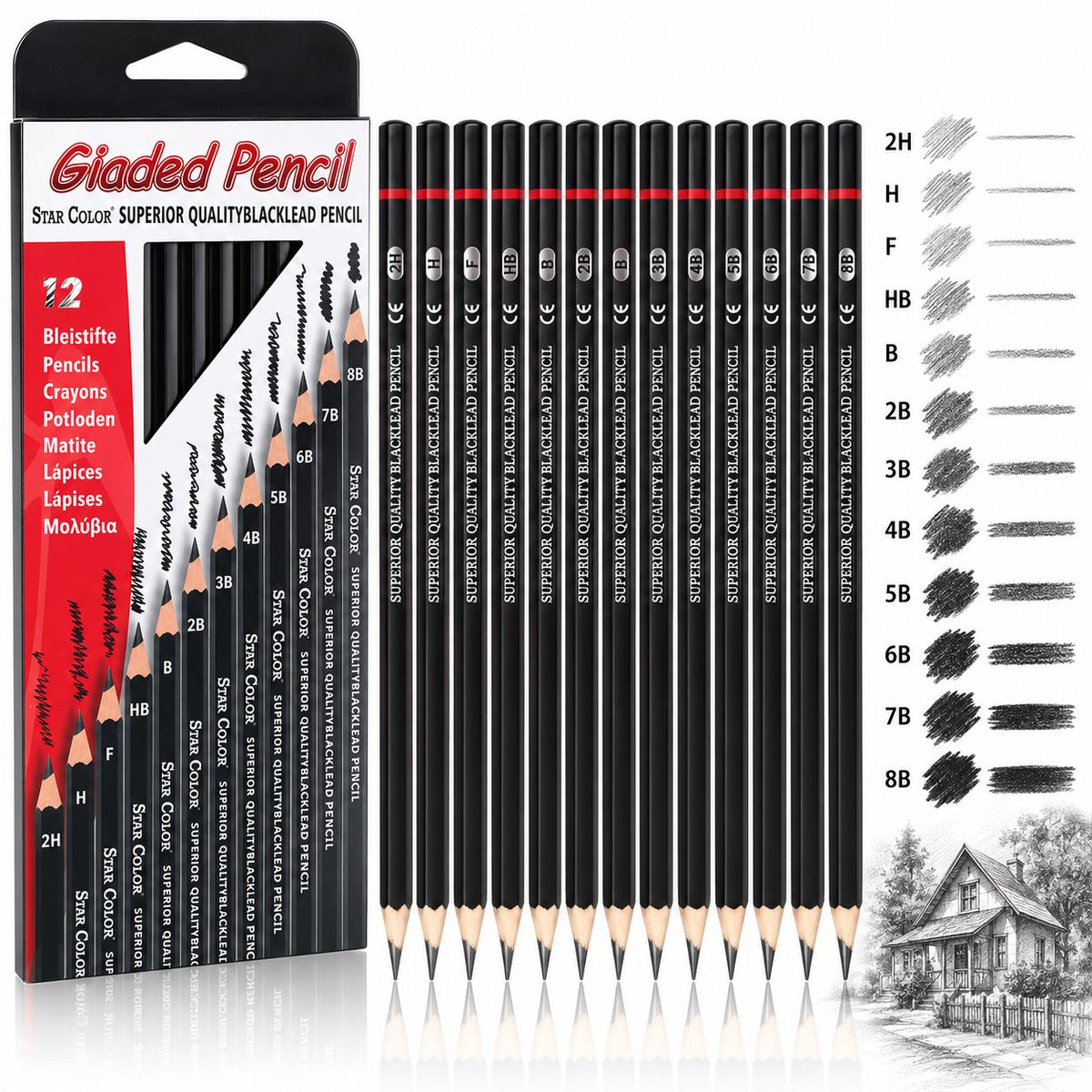 Creioane Grafit Profesionale 12 Buc/Set, 12 Seturi/Tipla pentru Desen si Schite, Grade 2H–8B, Diferite Duritati Engros