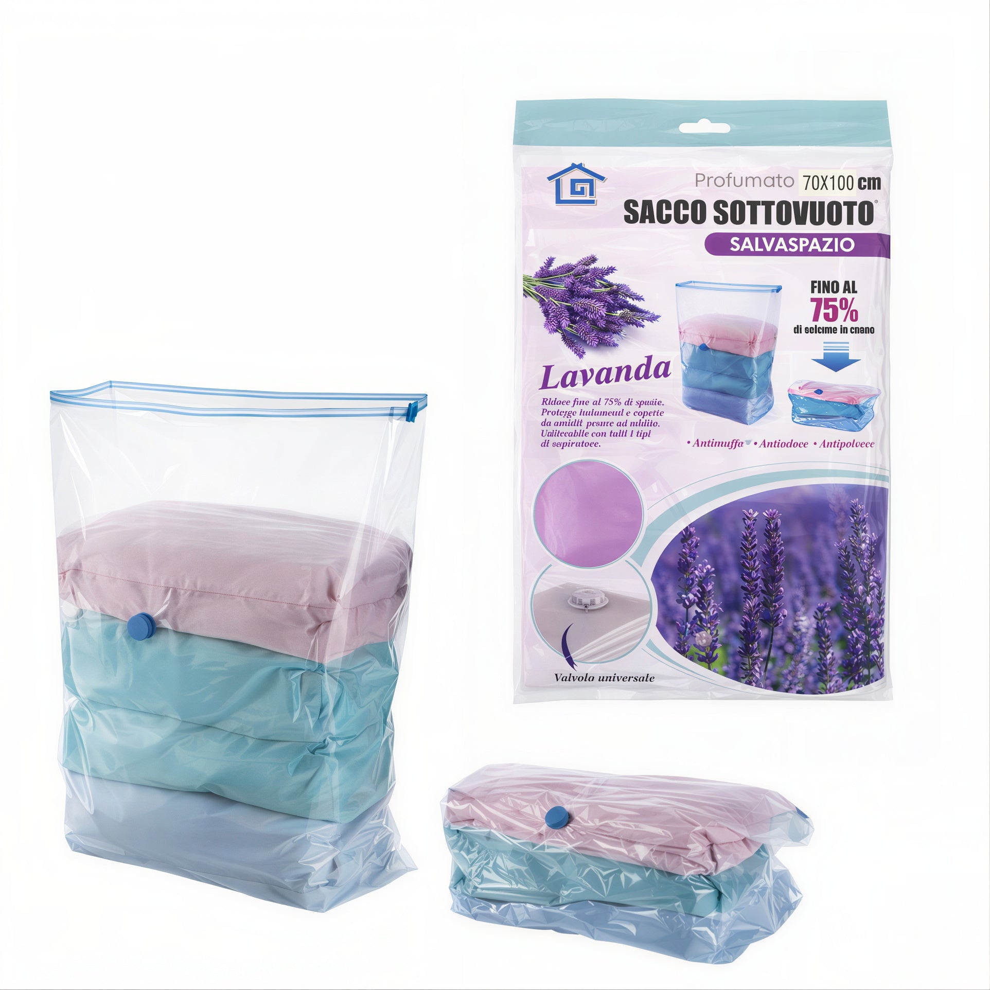 Saci Vidat 70x100cm, Reducere Volum până la 75%, Protecție Antipraf și Antimucegai, Diferite Arome Engros