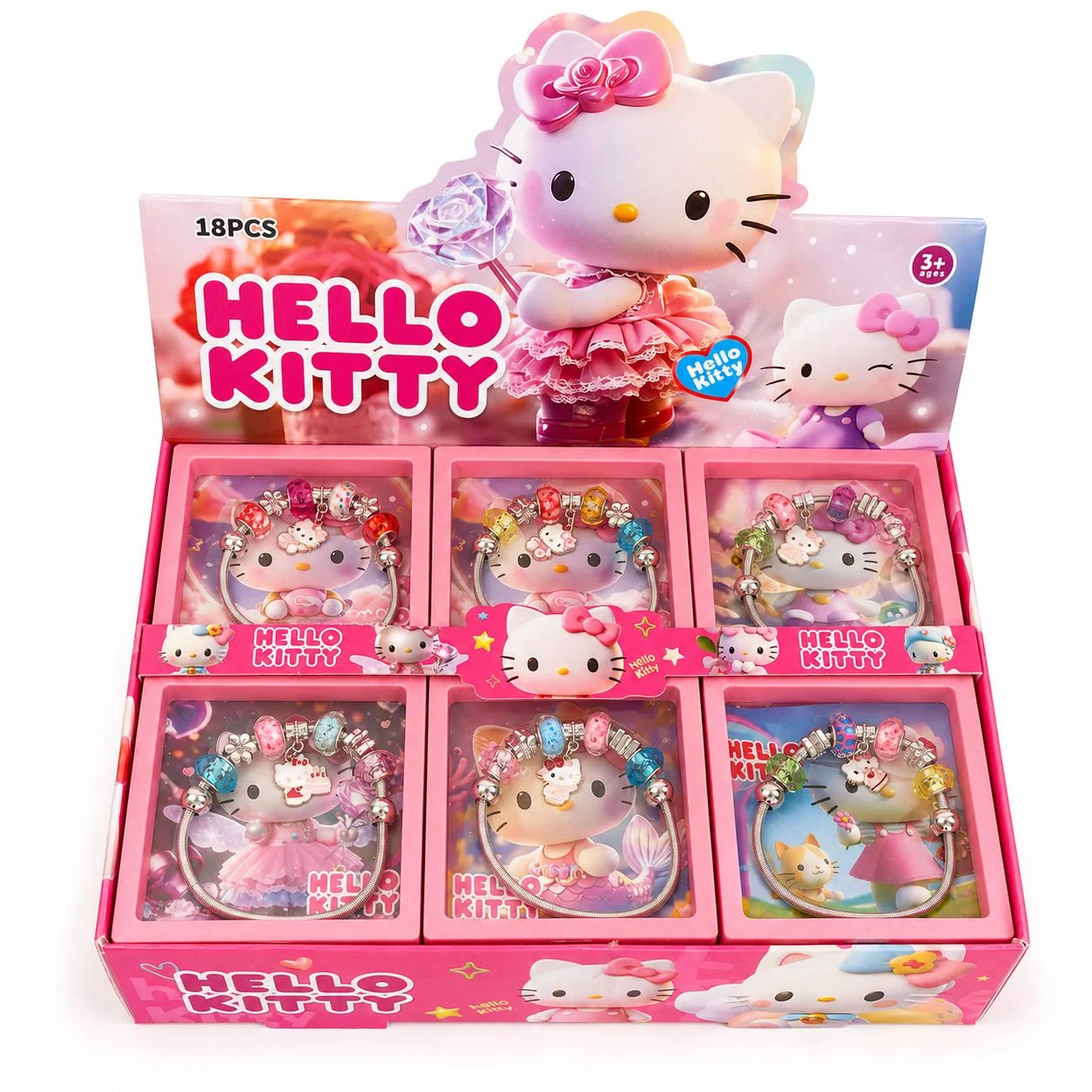 Bratara Stil Pandora 18/set, cu Margele Colorate si Pandantiv Hello Kitty, Diferite Modele Engros