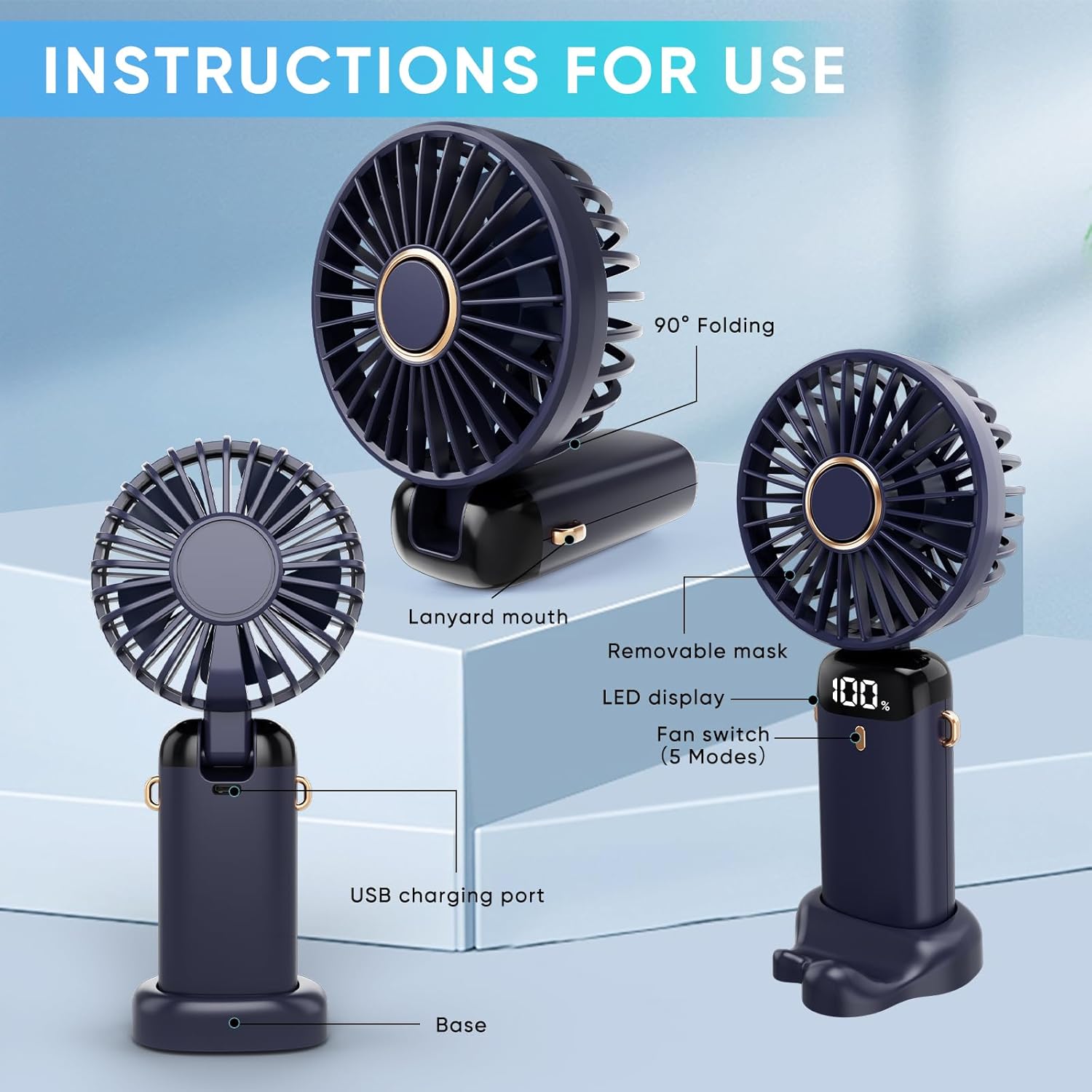 Ventilator Portabil 18.5cm, cu Suport Telefon, USB Reîncărcabil, Display LED și Agățătoare, Viteze Reglabile, Diferite Culori Engros