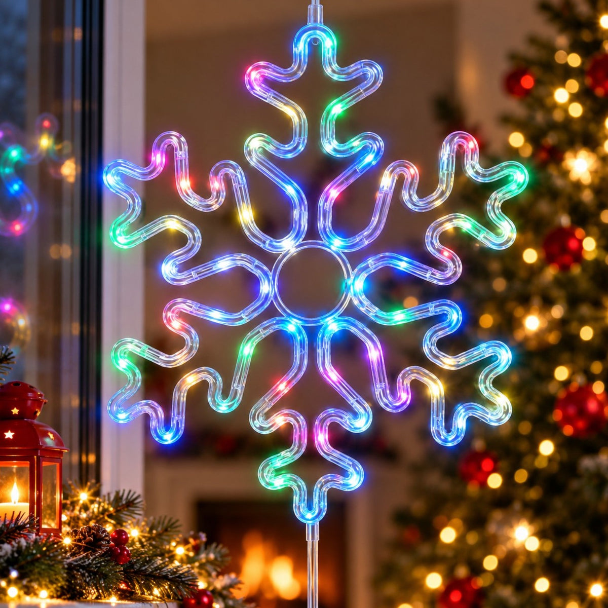 Instalatie LED 37x31cm, Decoratiune de Craciun Fulg, Lumina Multicolora, 20 Jocuri de Lumini Model Sarpe, Ornament Suspendat Transparent, pentru Geam Engros