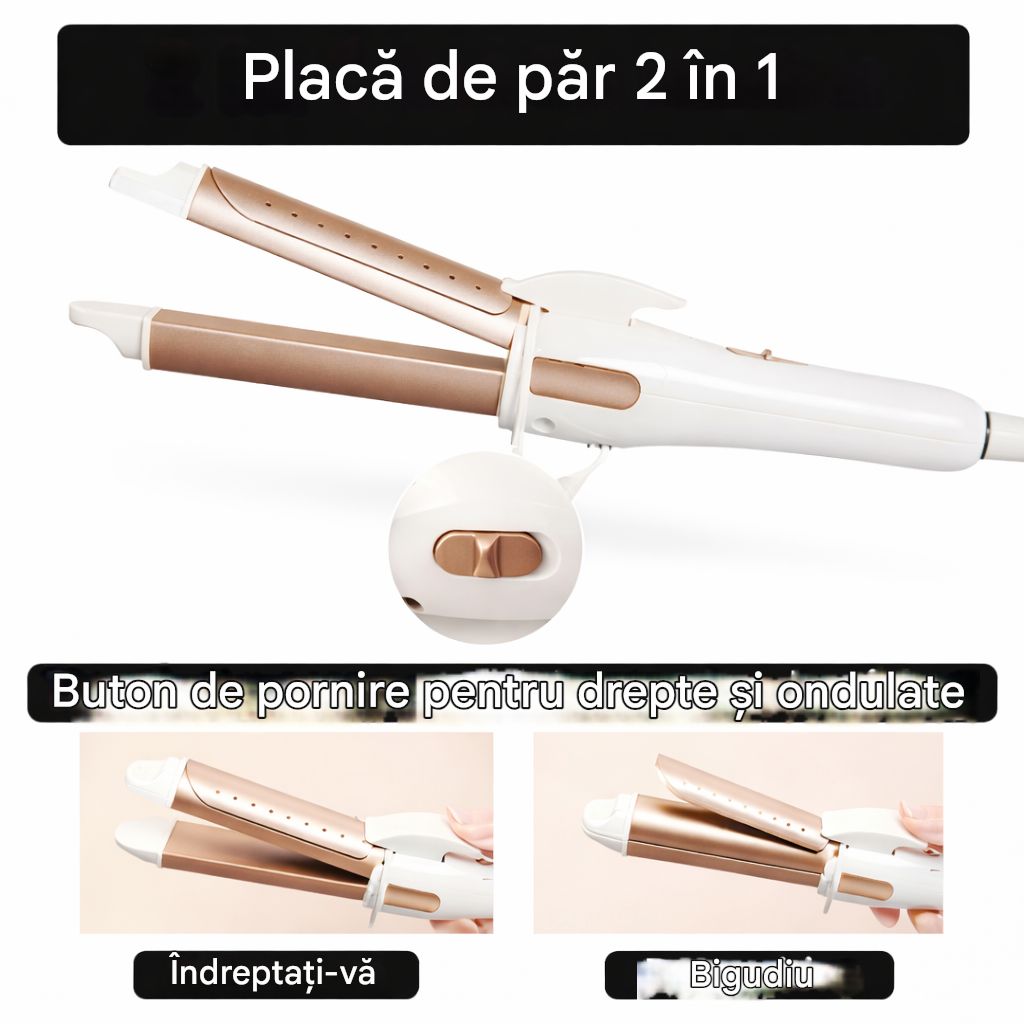 Ondulator Profesional 2în1, cu Placă de Îndreptat și Ondulat Păru 25cm Capac de protectie Engros