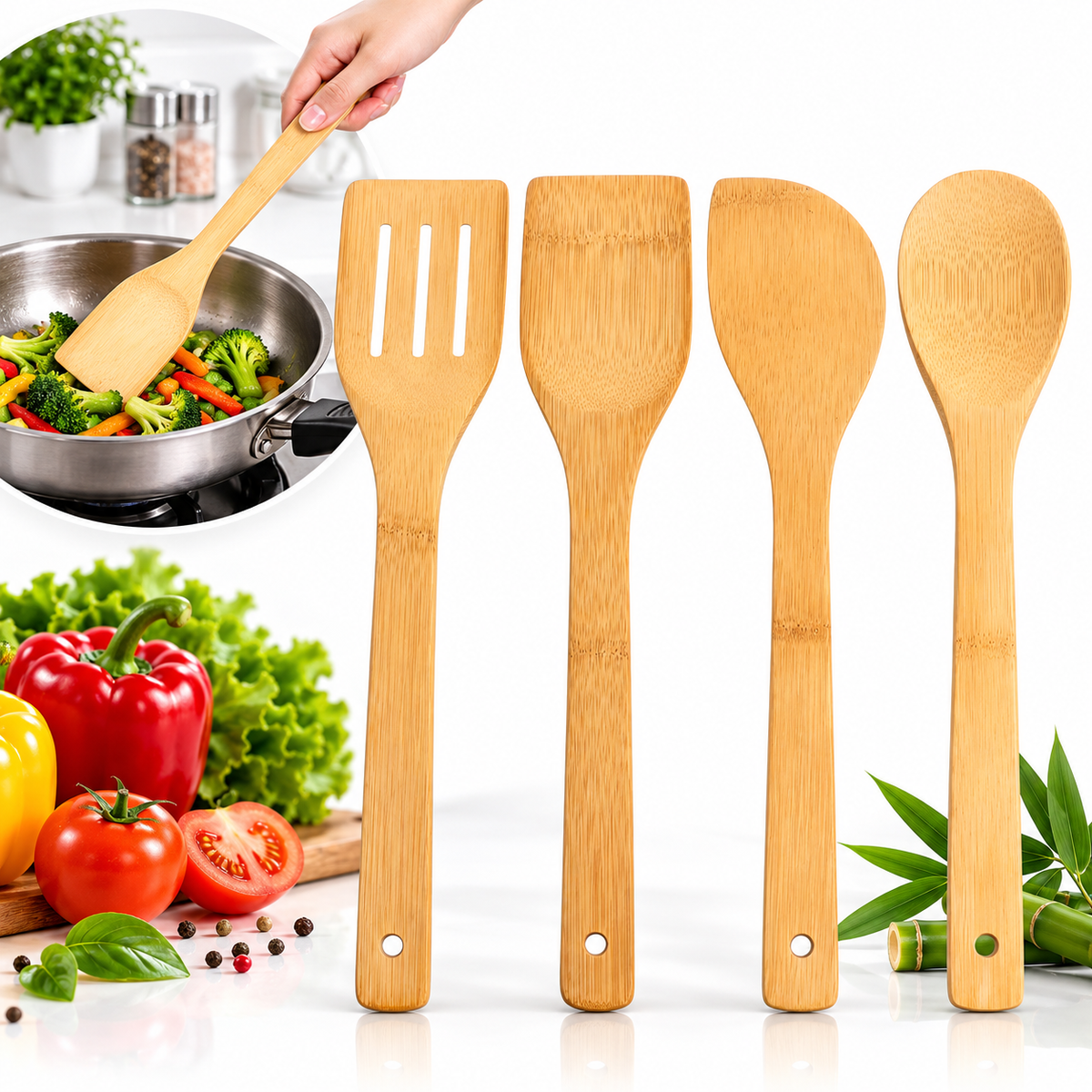 Ustensile pentru Bucatarie 4/set, din Bamus 28cm Engros