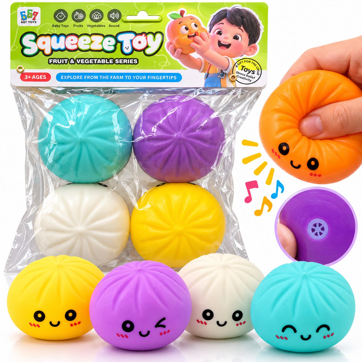 Jucarii Dumpling Squishy 8cm, din Cauciuc cu Sunete 4/Set, Moi si Compresibile, Diferite Culori Engros