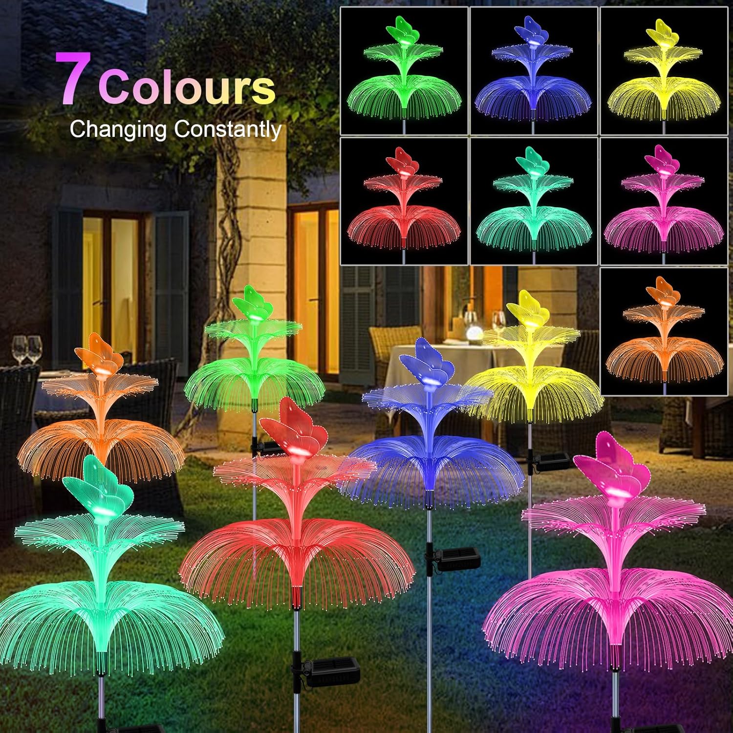 Lampă Solară LED cu Fibră Optică, 85cm Model Floare cu Fluture, Iluminare Multicoloră, Rezistentă la Apă, Panou Solar Integrat Engros