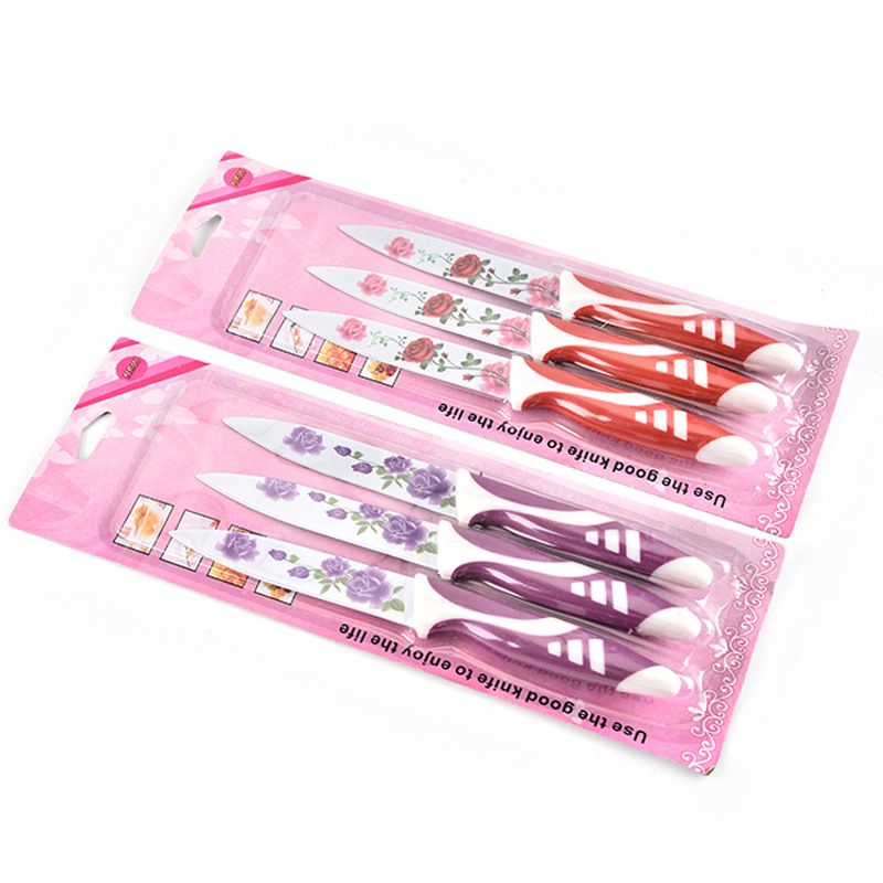 Cuțite Bucătărie 3/set, Lamă Inox Decor Floral si Mâner Antiderapant 23cm Diferite Culori Engros
