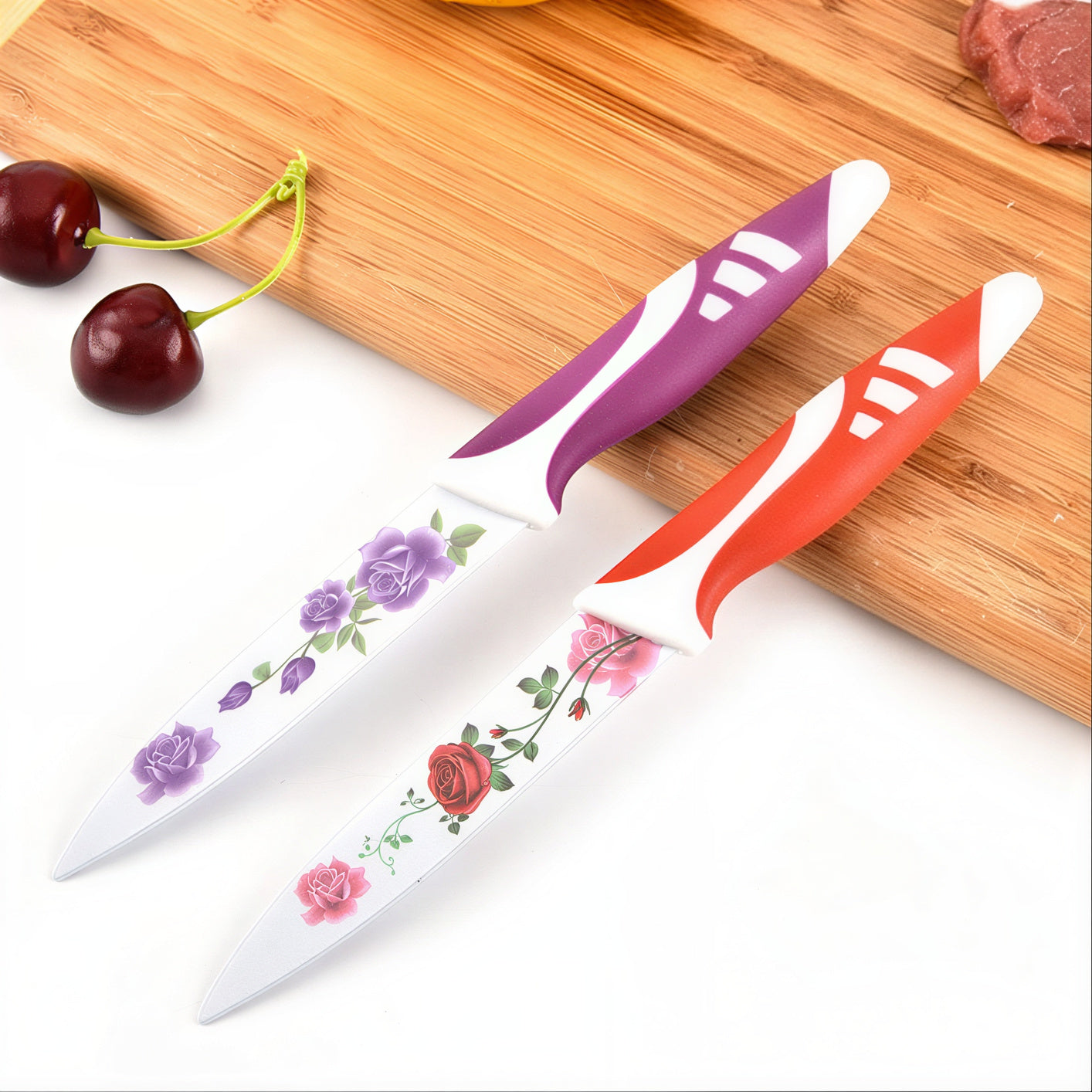 Cuțite Bucătărie 4/set, Lamă Inox Decor Floral si Mâner Antiderapant 23cm Diferite Culori Engros