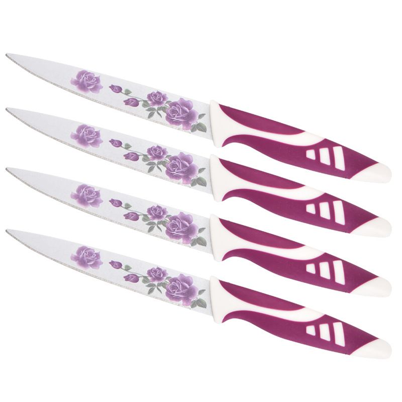 Cuțite Bucătărie 4/set, Lamă Inox Decor Floral si Mâner Antiderapant 23cm Diferite Culori Engros