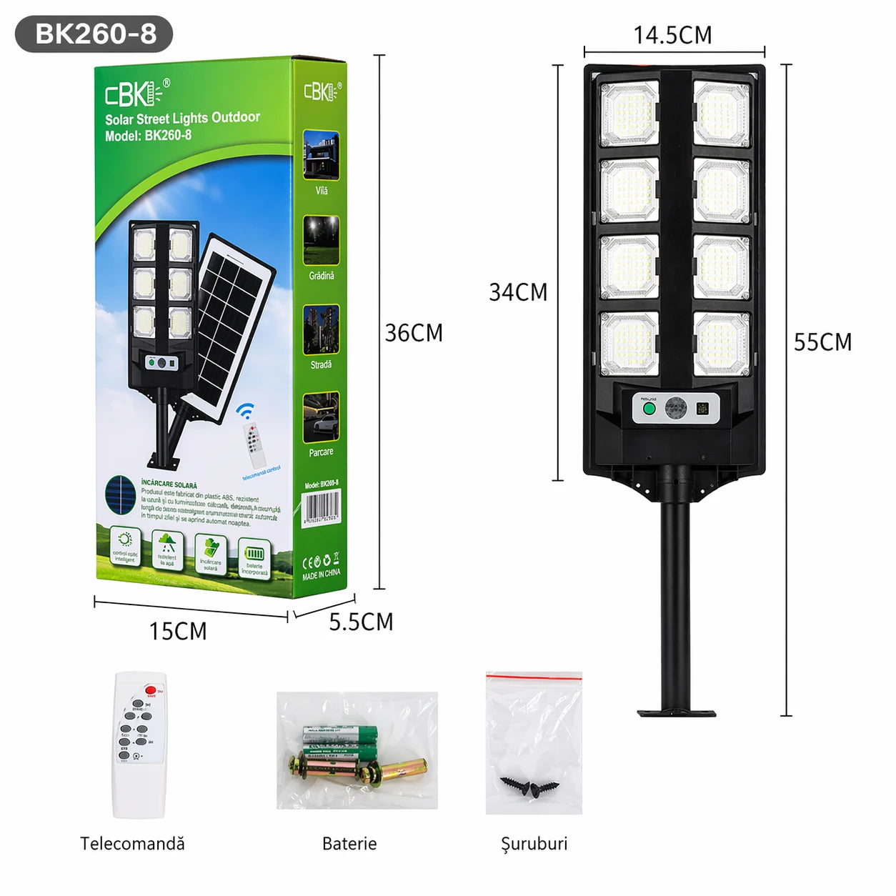 Lampă Solară Stradală BK260-8, 55cm, cu Panou Solar Integrat, 8 LED-uri Puternice, Telecomandă, Senzor de Lumină, Rezistentă la Apă Engros