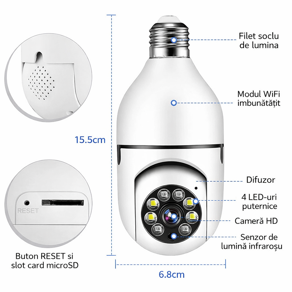 Cameră Supraveghere Wi-Fi Panoramică Tip Bec E27 cu Filet, Rotire 360°, o Singură Unitate de Supraveghere, Vedere Nocturnă LED 15.5cm, Audio Bidirecțional, Control prin Telefon Engros