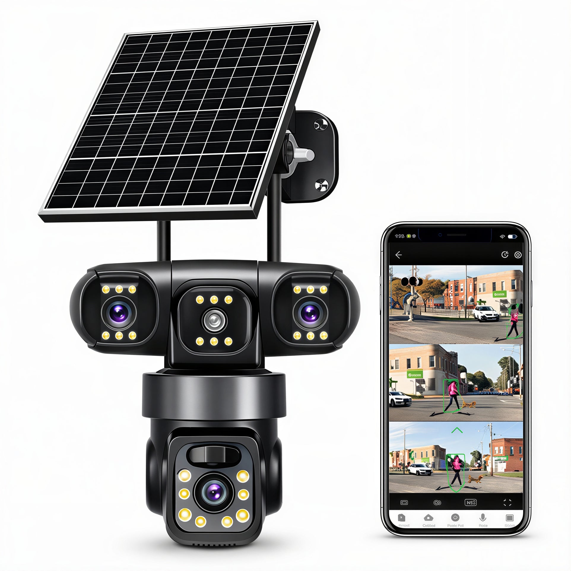 Cameră Supraveghere 4G Solară, 4 Camere Reale 360°, cu SIM, Panou Solar, 20cm, Vedere Nocturnă Color, Audio Bidirecțional, Senzor Mișcare, Control prin Telefon Engros
