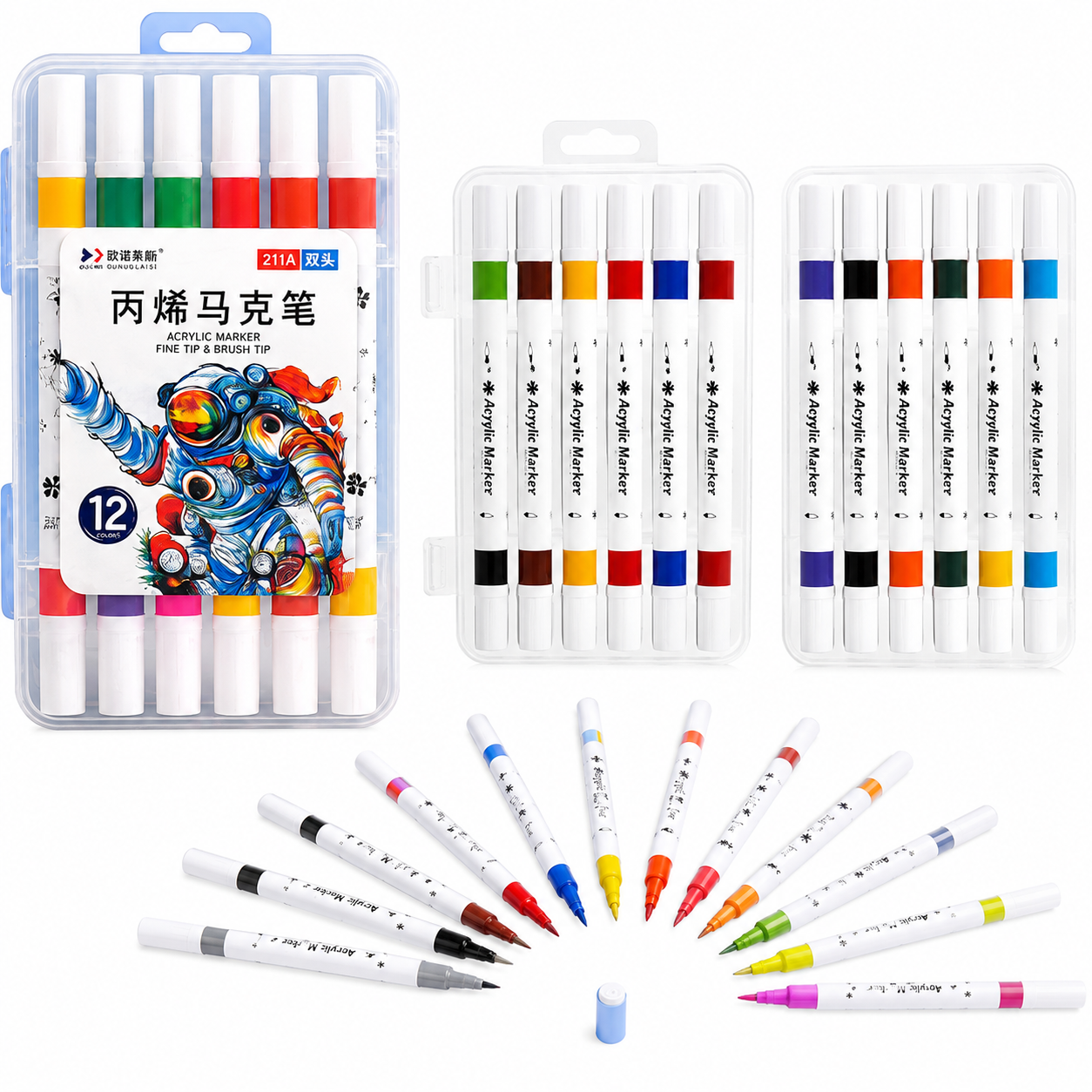 Markere Acrilice 12/set in Gentuta Transparenta 14cm din Plastic, Multicolore Engros