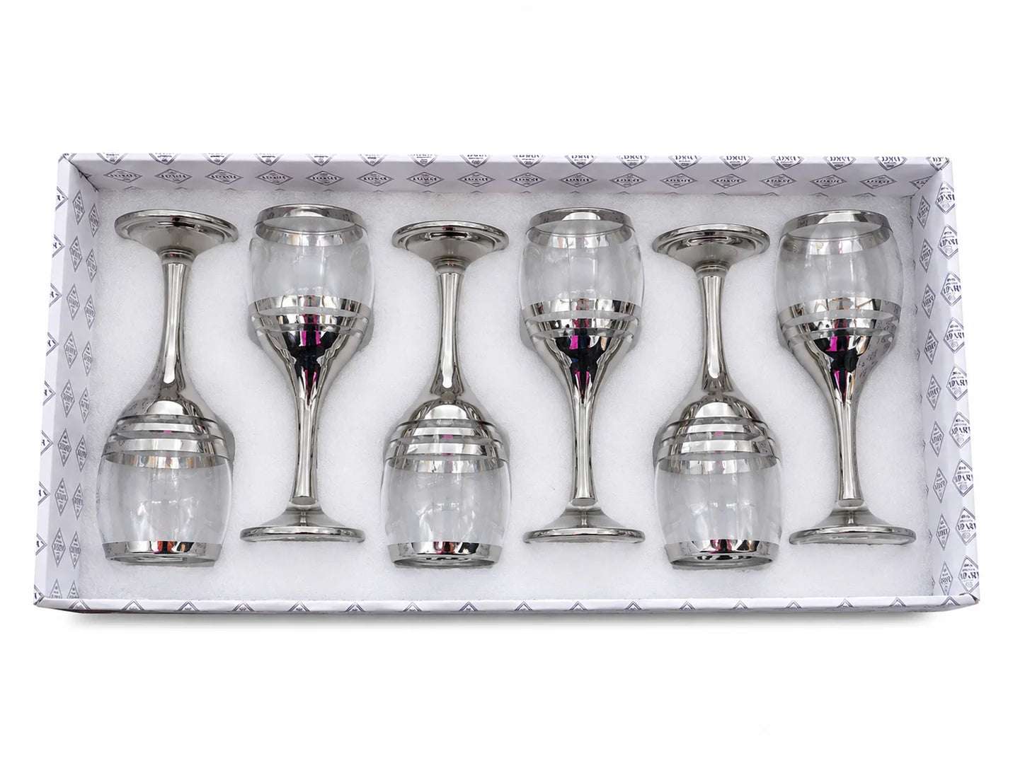 Pahar cu Picior 6/set, din Sticlă 18cm, Model Argintiu cu Dungi Decorative, Transparent Engros