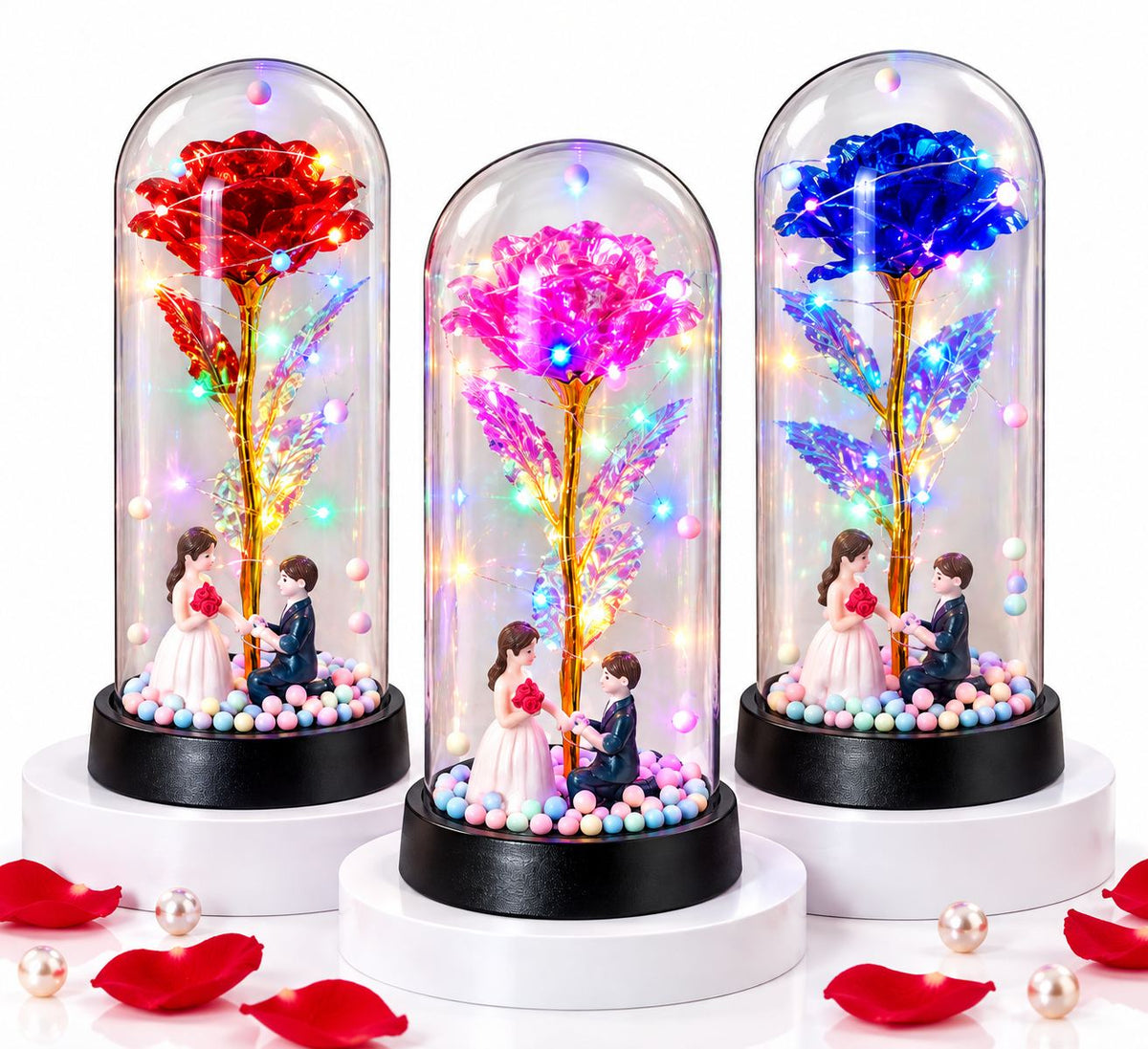 Trandafir Cristalizat 20x9.5cm cu Lumina LED Multicolor sub Cupola Transparenta, cu Figurina Cuplu si Bilute Decorative, Diferite Culori Engros