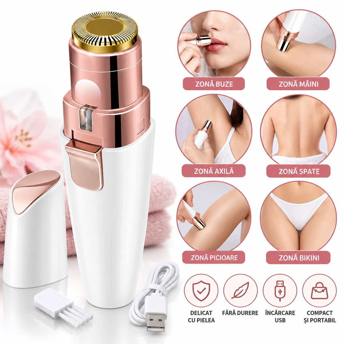 Aparat Electric 2 in 1 pentru Sprancene si Epilare Faciala 13.5cm, cu Lumina LED, 2 Capete, Reincarcabil USB Engros