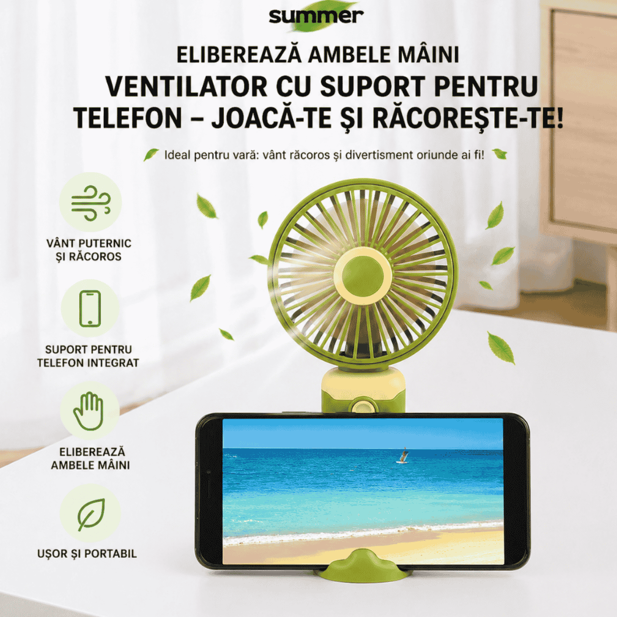 Ventilator Portabil cu Suport Telefon 19x9cm, USB, 3 Viteze, din Plastic, Diferite Culori Engros