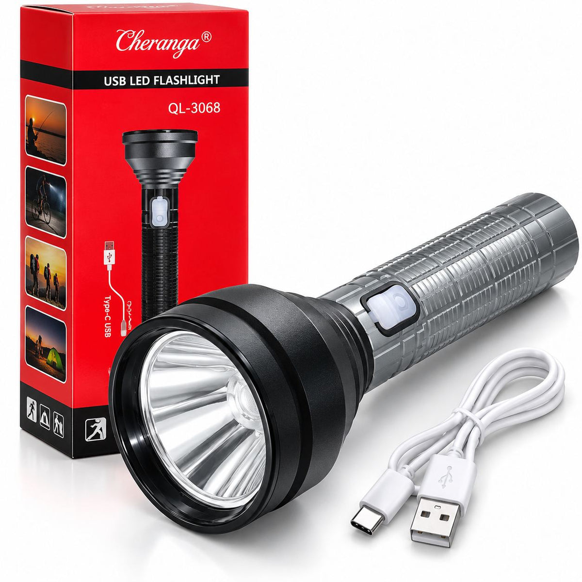 Lanterna LED 17x7cm, Reincarcabila USB-C QL-3068, cu 3 Moduri de Iluminare, Lumina Puternica si Functie SOS Engros