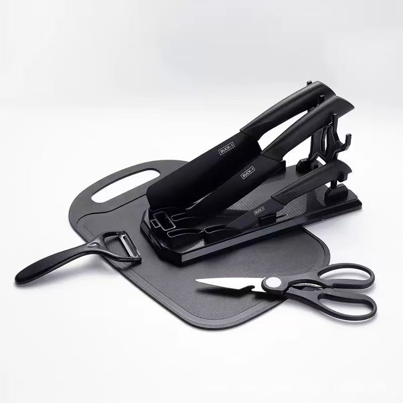 Set Bucătărie 7 Piese cu Tocător, Cuțite și Foarfecă, Suport Inclus, Oțel Inoxidabil, Mânere Ergonomice, Model Profesional Engros