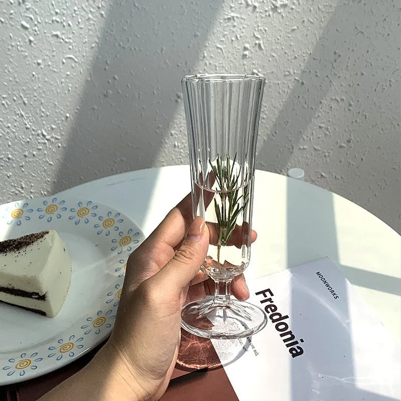 Pahar cu Picior 16cm, din Sticlă 6/set, Model Striat, Transparent Engros