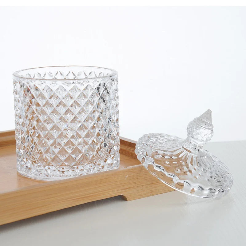 Recipient cu Capac 13.5cm, din Sticlă, Model Diamant, Transparent Engros