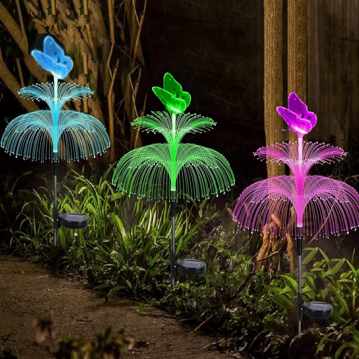 Lampă Solară LED cu Fibră Optică, 85cm Model Floare cu Fluture, Iluminare Multicoloră, Rezistentă la Apă, Panou Solar Integrat Engros