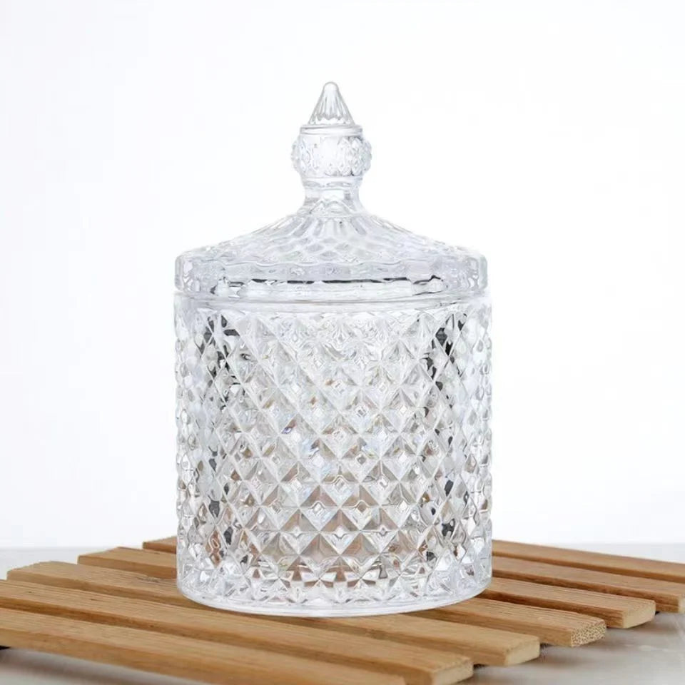 Recipient cu Capac 13.5cm, din Sticlă, Model Diamant, Transparent Engros