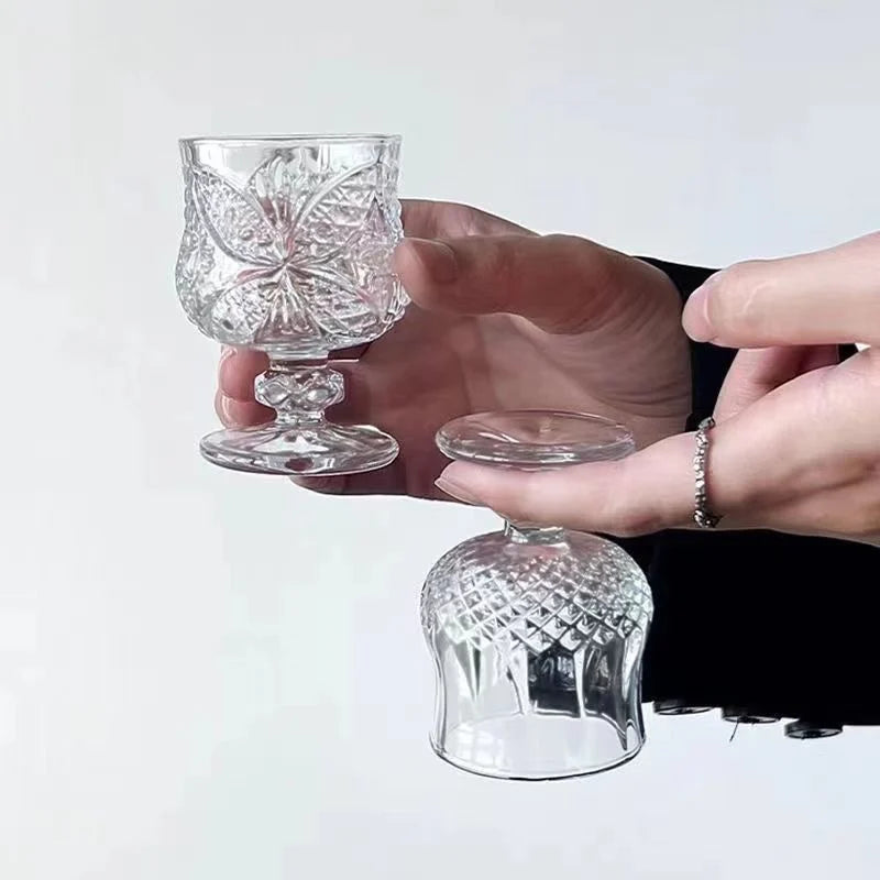 Pahar cu Picior 7cm, din Sticla 6/set, Model Floral, Transparent Engros