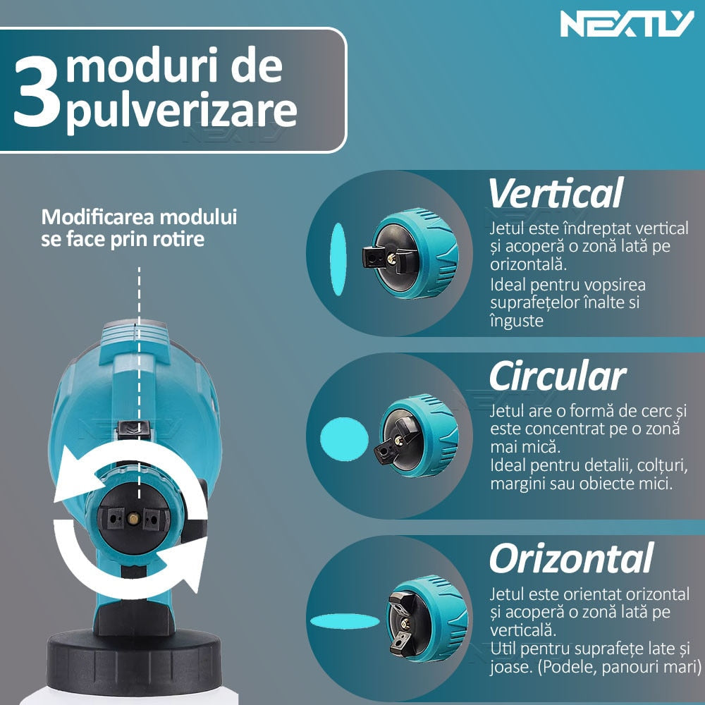Pistol de Vopsit Electric cu Acumulator 48V, Rezervor 800ml, Debit Reglabil, 3 Moduri Pulverizare, Autonomie Mare, 2 Acumulatori Incluși Engros