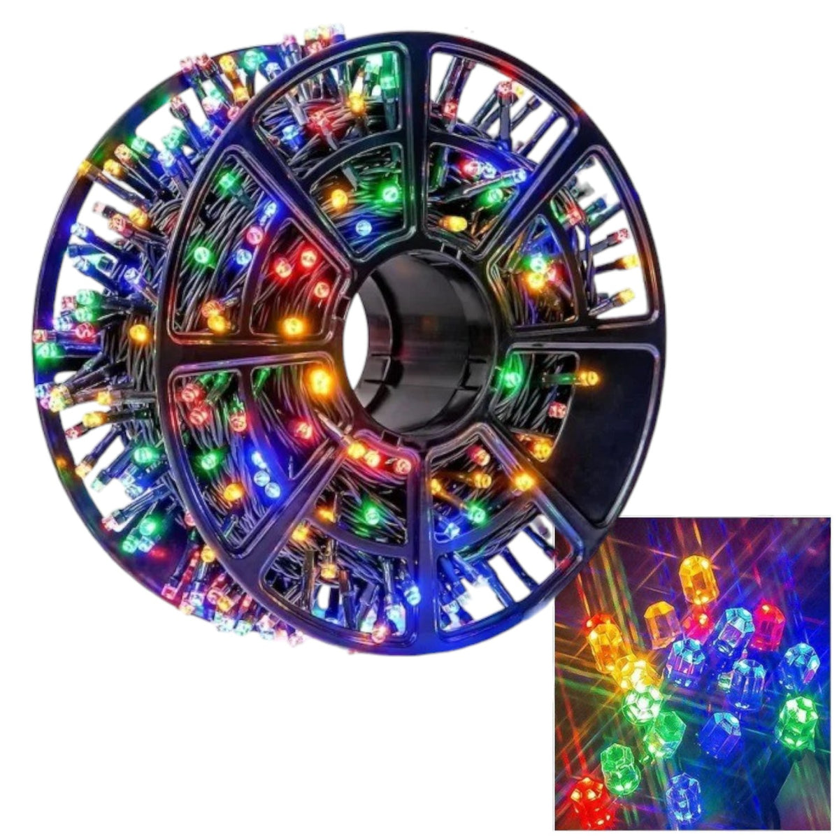Instalatie LED pe Rola 85m, 400 LED-uri Multicolore, Fir Negru, Bec Mare Model Diamant, cu Jocuri de Lumini si Efect Flash, pentru Interior si Exterior, de Craciun Engros