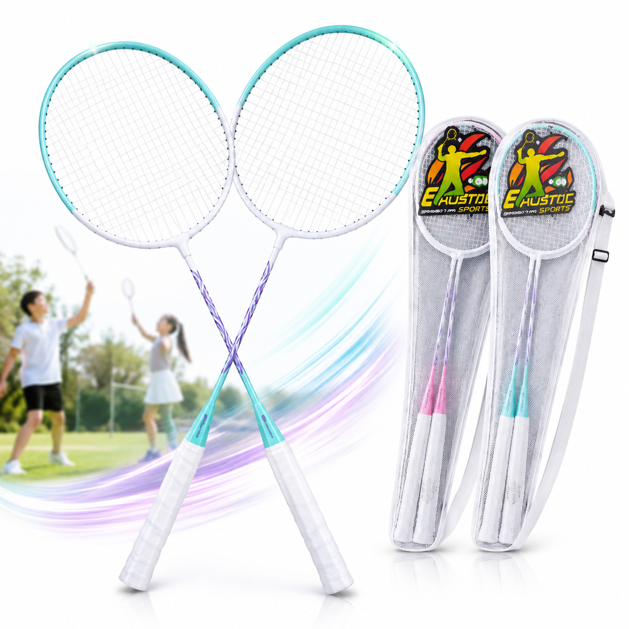 Rachete Badminton 2/set, Mâner Antiderapant 66cm cu Husă Transport Diferite Culori Engros