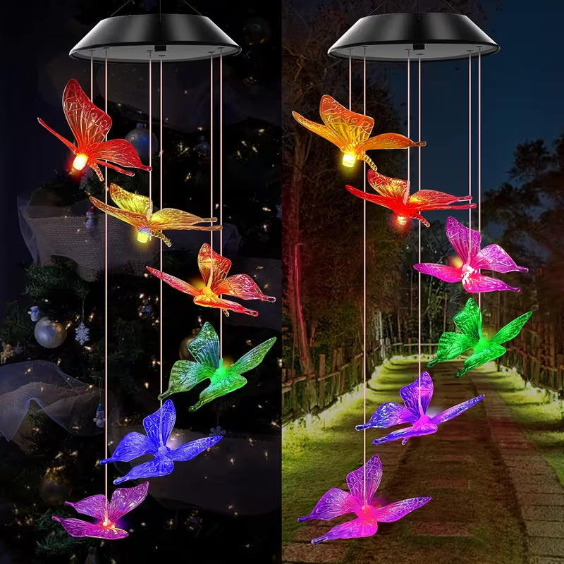 Lampa Solara LED 70cm cu Clopotel de Vant, Model cu 6 Fluturasi Multicolori, Panou Solar si Agățătoare Inclusă din Plastic Engros