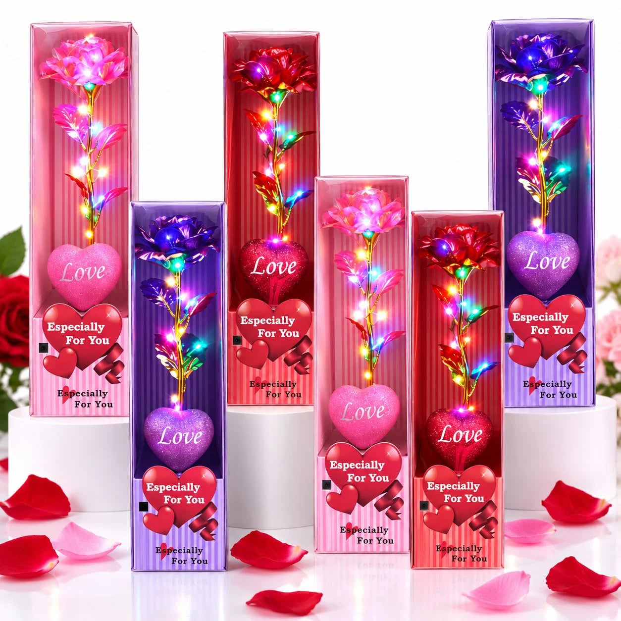Trandafir Cristalizat 6/set cu Lumină LED Multicoloră 24cm, în Cutie din Plastic Diferite Culori Engros