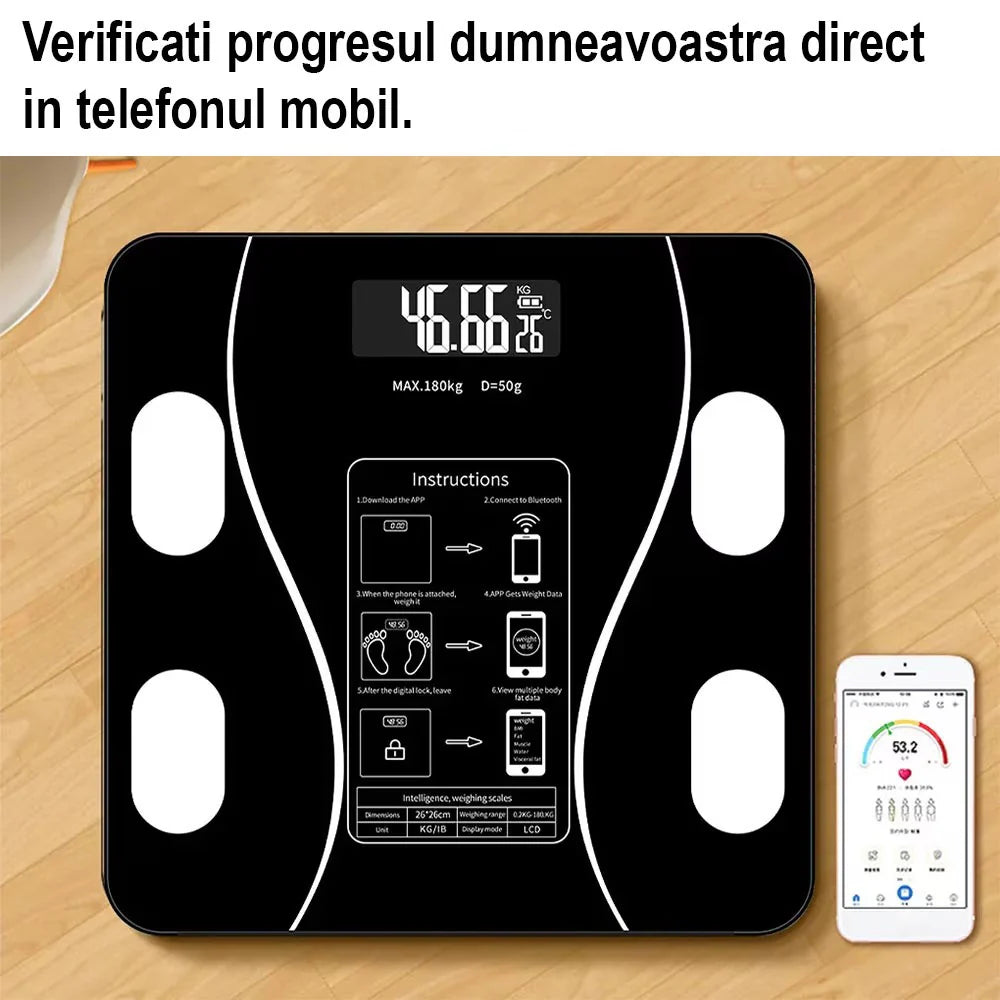 Cântar Inteligent 26x26cm cu Conectare Bluetooth, Analiză Corporală Completă și Aplicație Mobilă, Afișaj LCD Engros