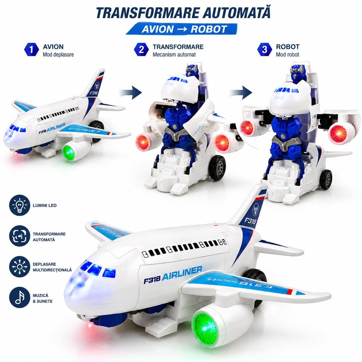 Avion Transformabil în Robot F318, 24×23×13cm, cu Lumini LED, Muzică și Deplasare Automată Engros