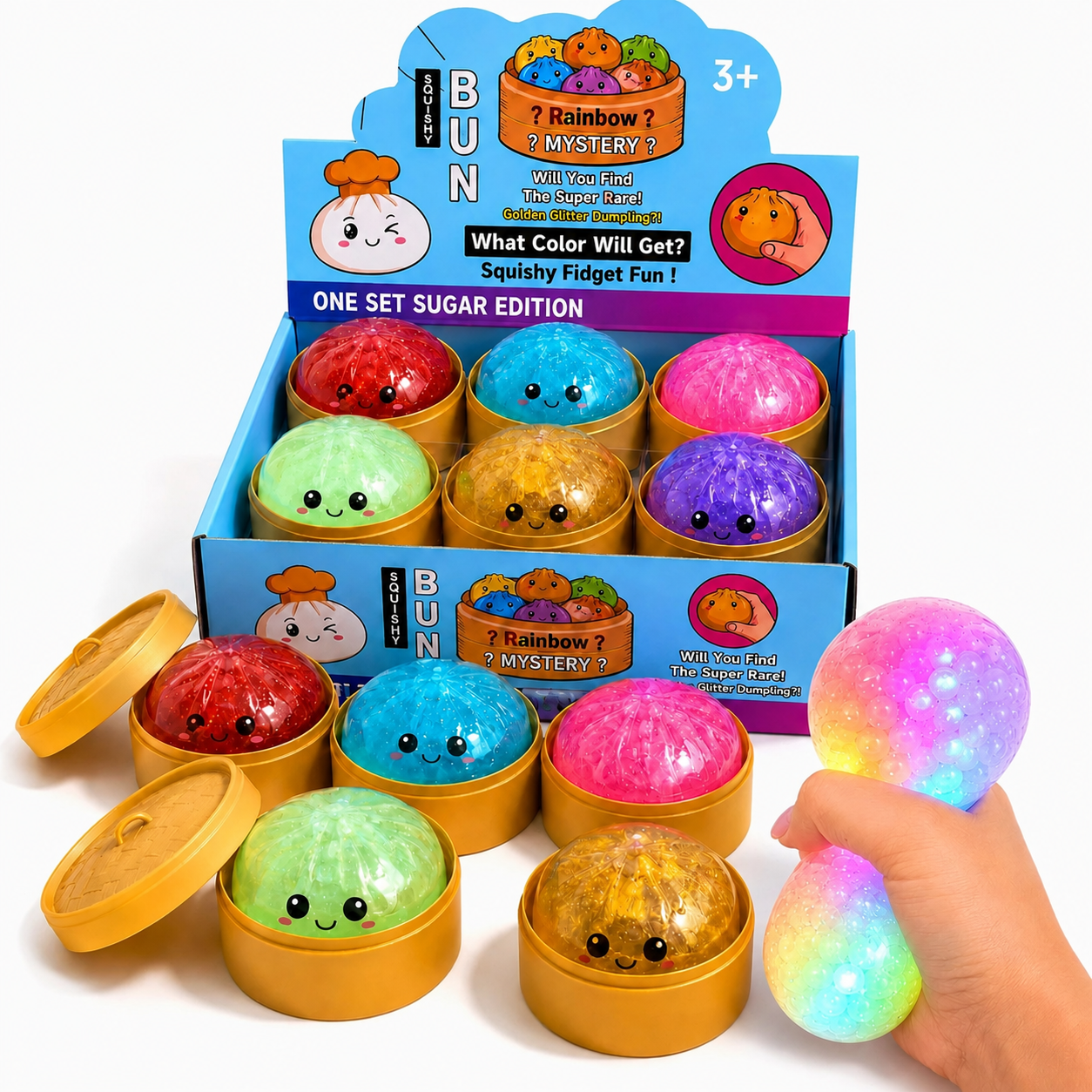 Jucarie Squishy Dumpling, Model cu Bile Mari Colorate, cu Bile Mari Colorate cu Lumina LED Multicolora în Interior 10cm, în Cutie Plastic, Antistres, Super Moale și Elastică, Diferite Culori Engros