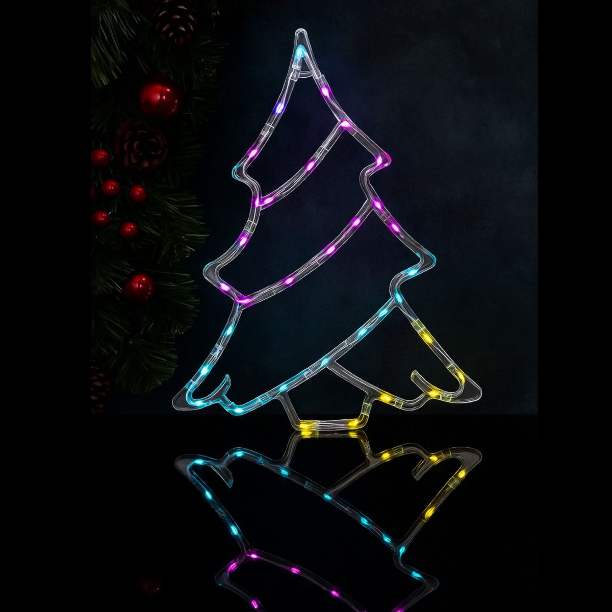 Decoratiune Crăciun 37x30cm Model Brad cu Lumină Multicoloră LED, Ornament Suspendat Transparent Engros