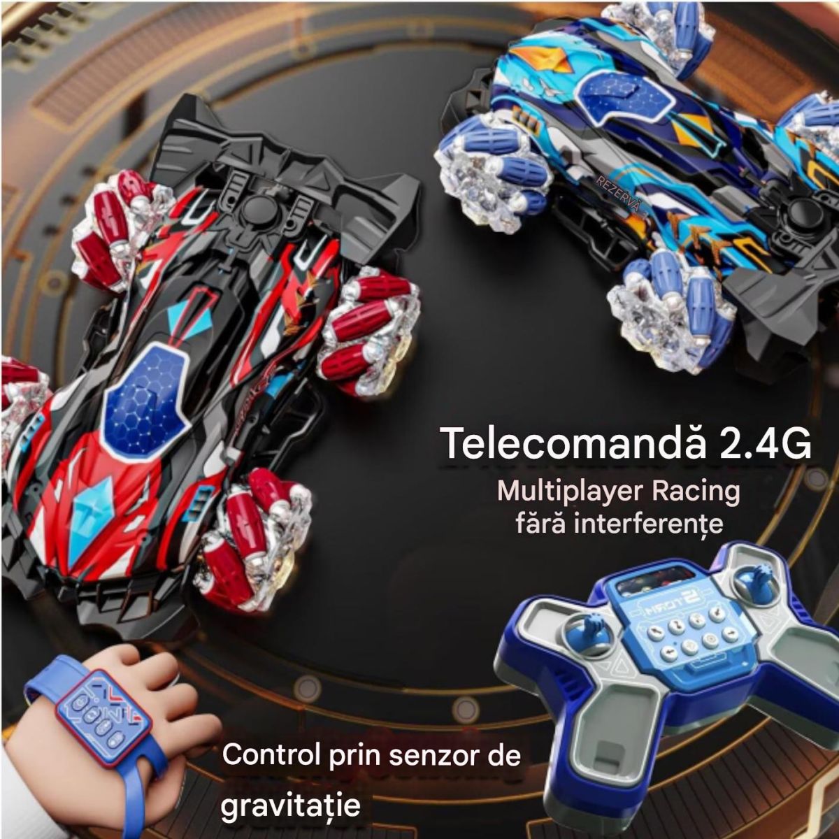 Mașină Electrica 27x18x8.5cm Control prin Telecomandă și Brățară Gesturi, cu Efecte de Lumină Sunet și Spray Diferite Culori Engros