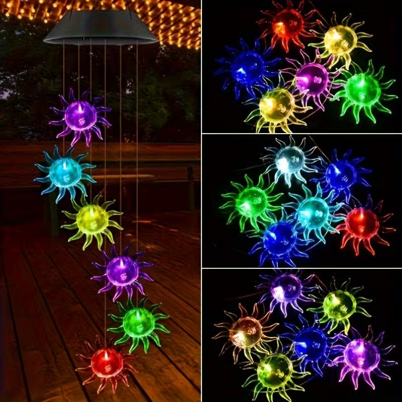 Lampă Solară LED 63cm cu Clopoțel de Vânt, Model cu 6 Soare Decorative 10cm, Iluminare Multicoloră, Panou Solar si Agățătoare Inclusă, Rezistentă la Apă Engros