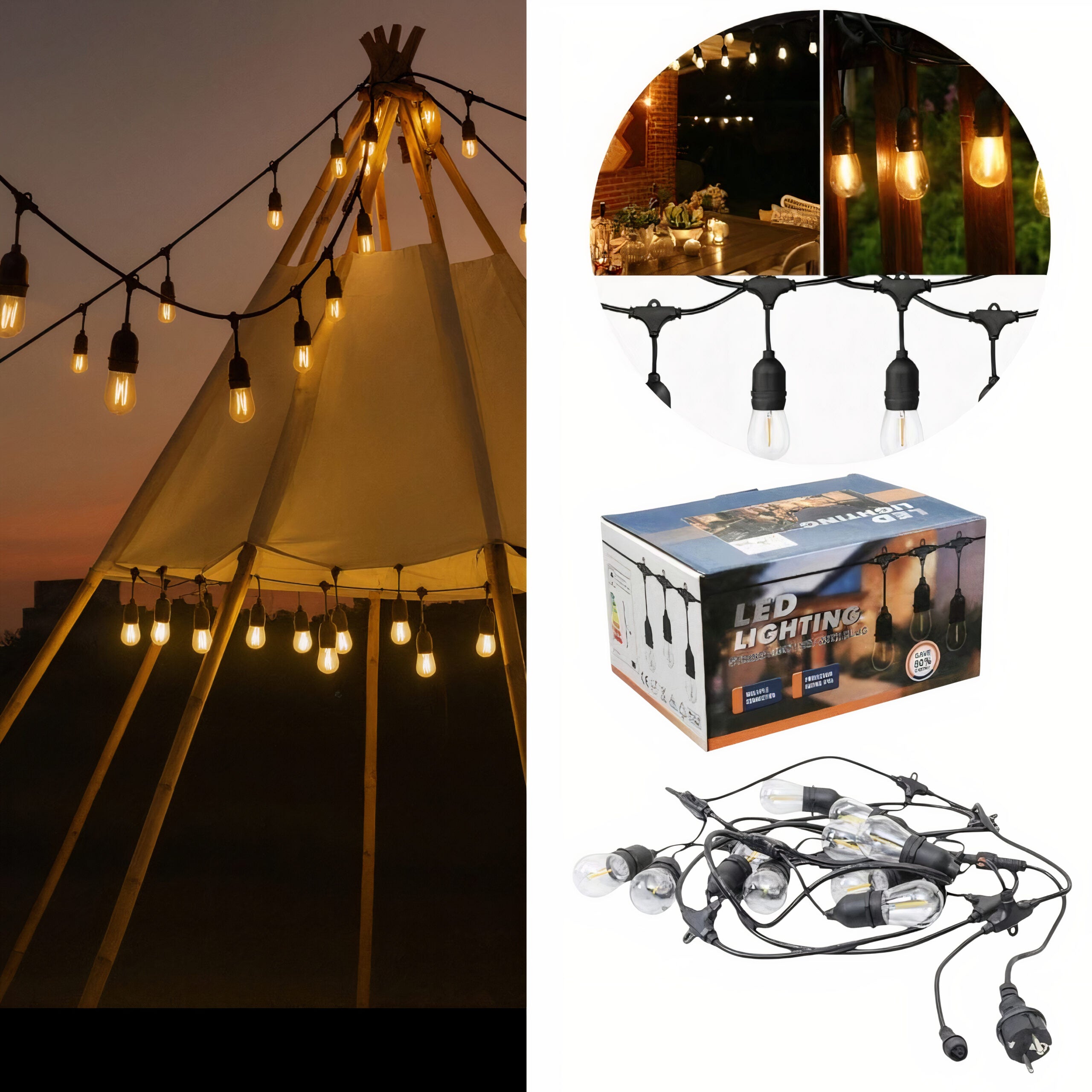 Ghirlanda Luminoasa LED 10m cu 20 Becuri, Lumină Caldă, Rezistentă la Apă, Ideală pentru Terase, Grădini și Camping Engros