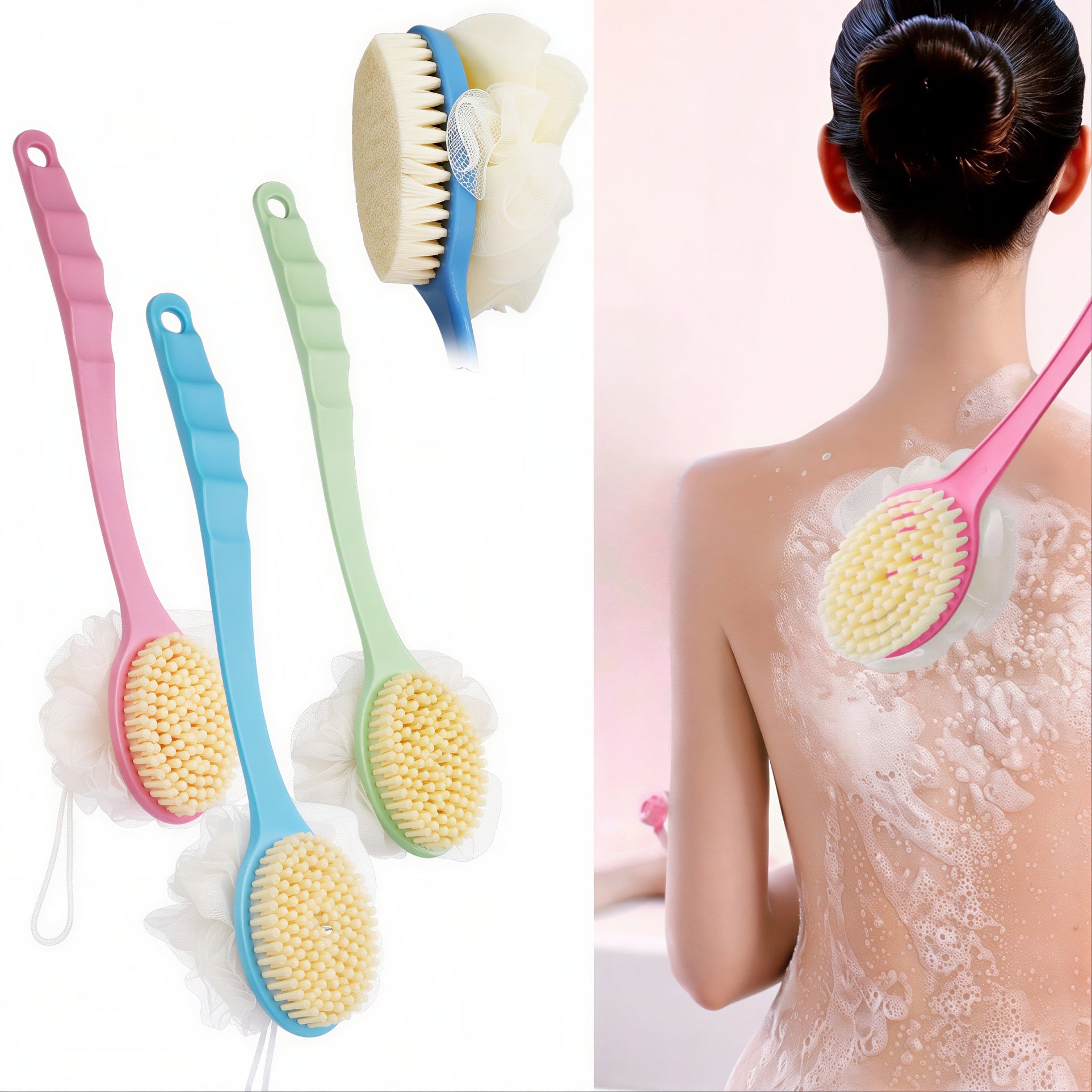 Perie pentru Corp 33cm, Dubla Perie si Burete din Plasă Maner din Plastic Diferite Culori Engros