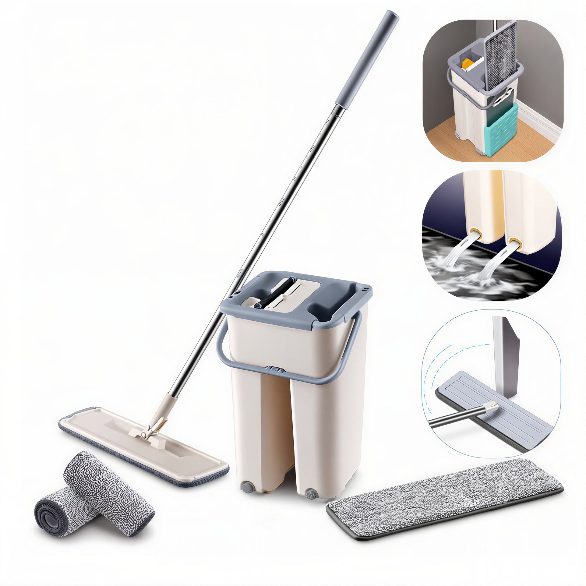 Mop Plat 33x12x121cm cu Găleată cu Stoarcere Automată și Sistem de Curățare 35x18cm Coada Metalica, Drenaj Dublu, și 3 Rezerve Microfibră Incluse Engros