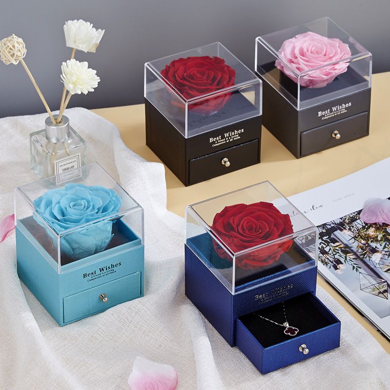 Trandafir Artificial 7x5cm din Spumă în Cutie 10x8.5cm, cu Capac Transparent cu Sertar Model Cadou Elegant Diferite Culori Engros