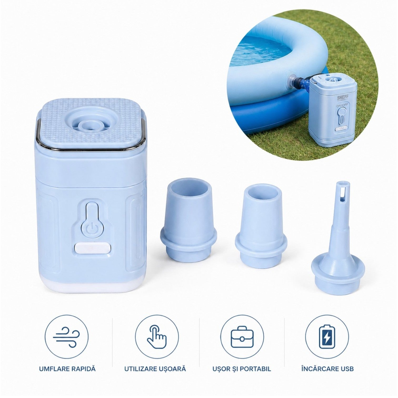 Pompă Electrica Portabilă 7.5x5cm, cu 3 Duze, pentru Umflare și Dezumflare Rapidă, Diferite Culori Engros